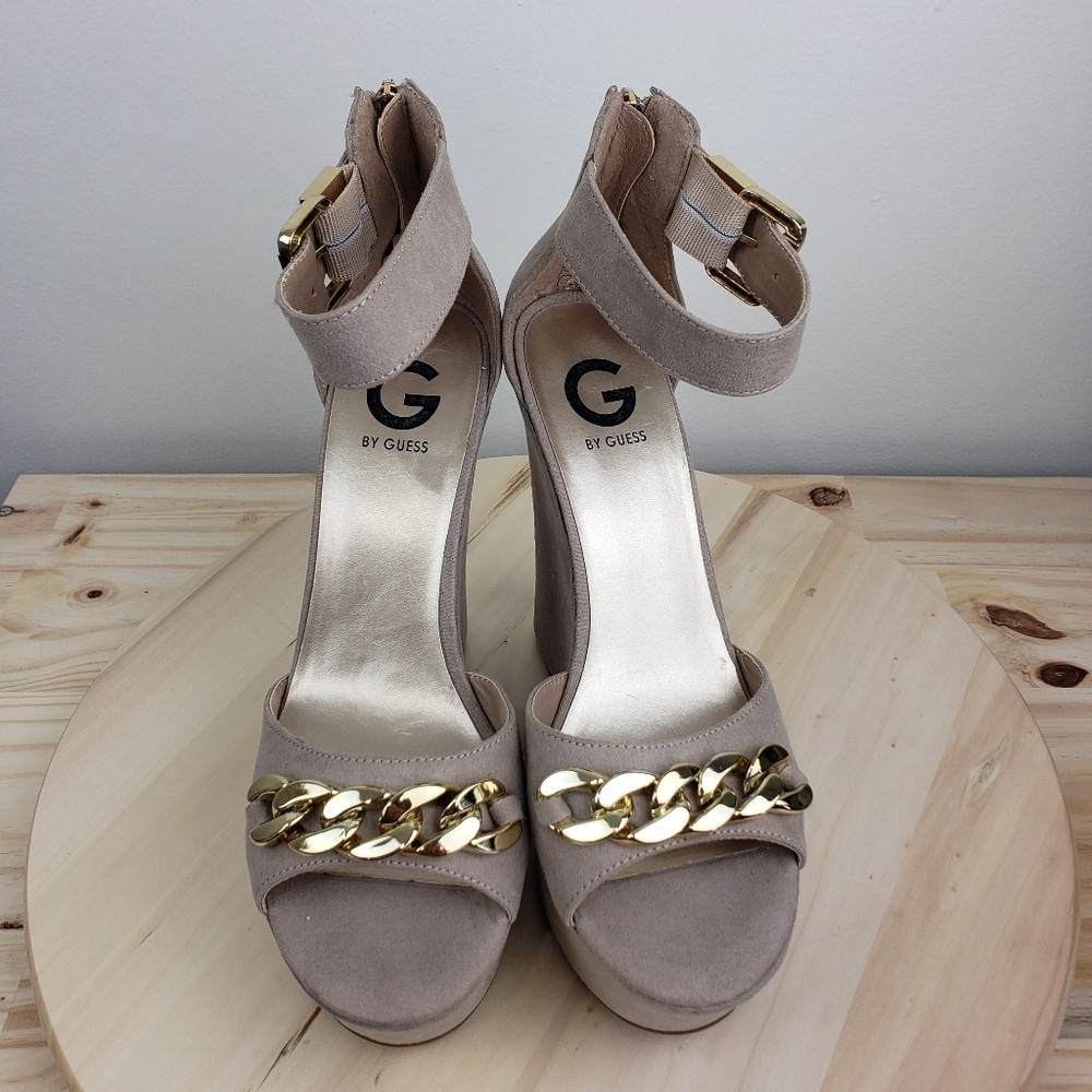 Guess Platform Wedge Heel Shoes Size 8.5M Ankle Strap Sandals Y2K Beige Gold - Picture 6 of 14